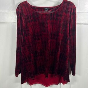 Intro Red Black Abstract Print Velvet Long Sleeve Top Women's Size L